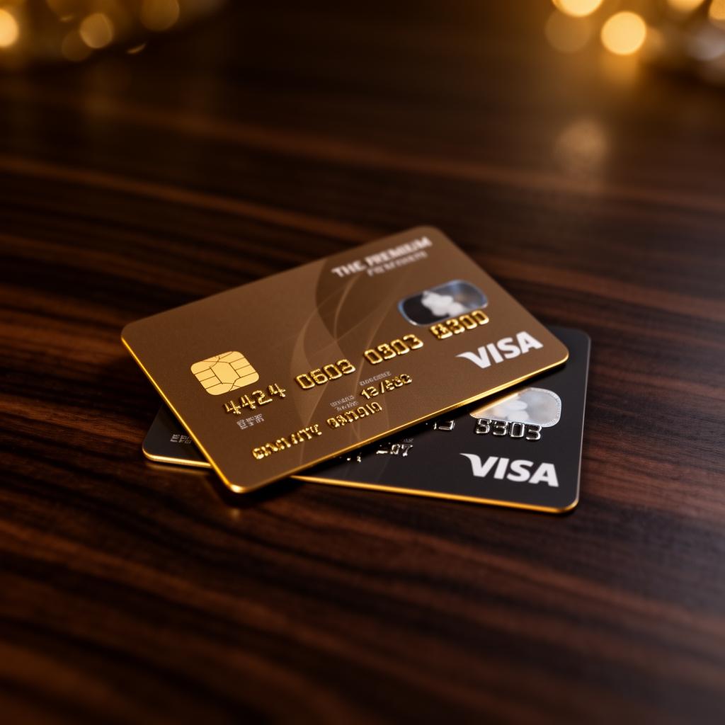 Two premium gold and black credit cards resting on dark walnut wood with warm bokeh