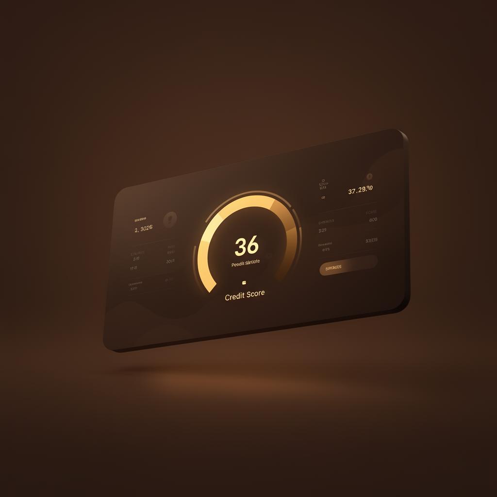 Glowing credit score dial on a premium dashboard — your score, instantly